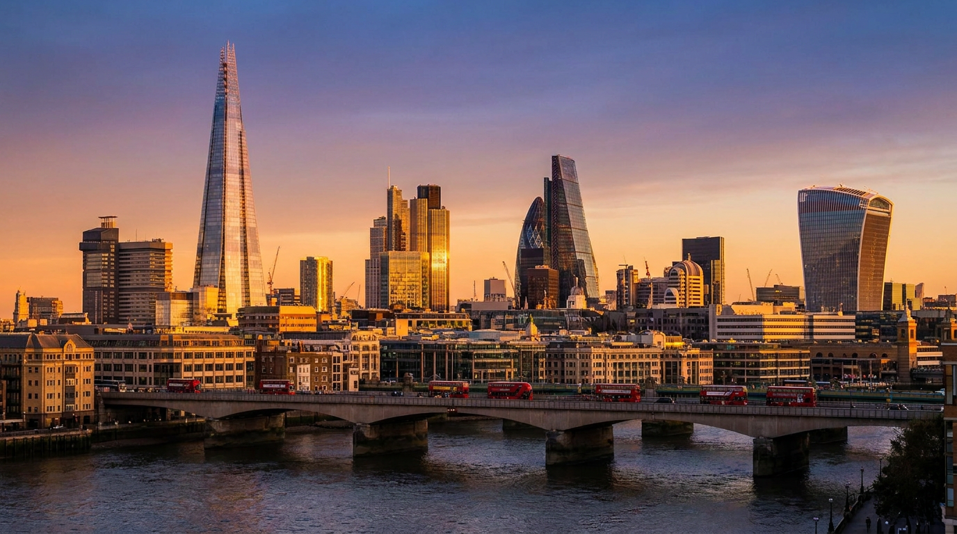 A panoramic view of the City of London financial district at golden hour, representing the UK financial services sector